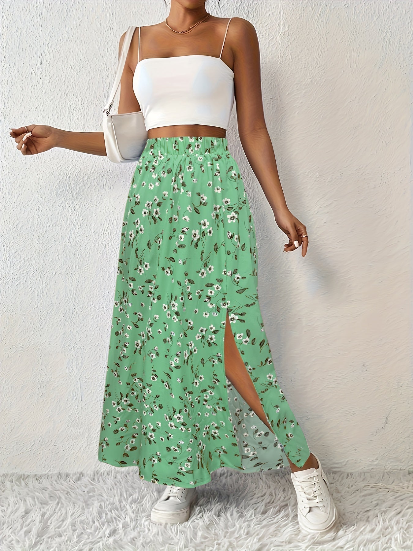 Effortless Blue Floral Maxi Skirt for Women with High Waist Side Slit Flowing Bohemian Style