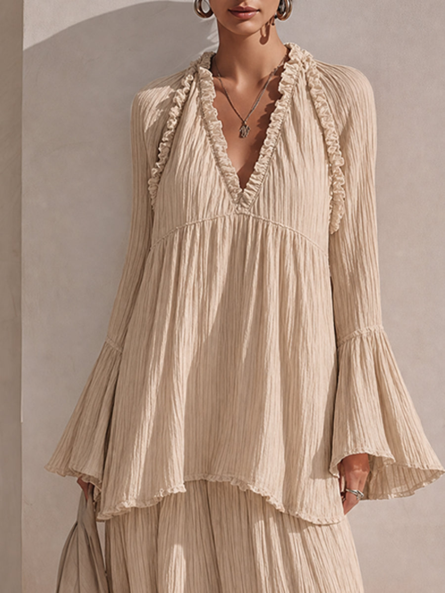 Effortless Beige Maxi Dress for Women with V-Neck Bell Sleeve Tiered Ruffle