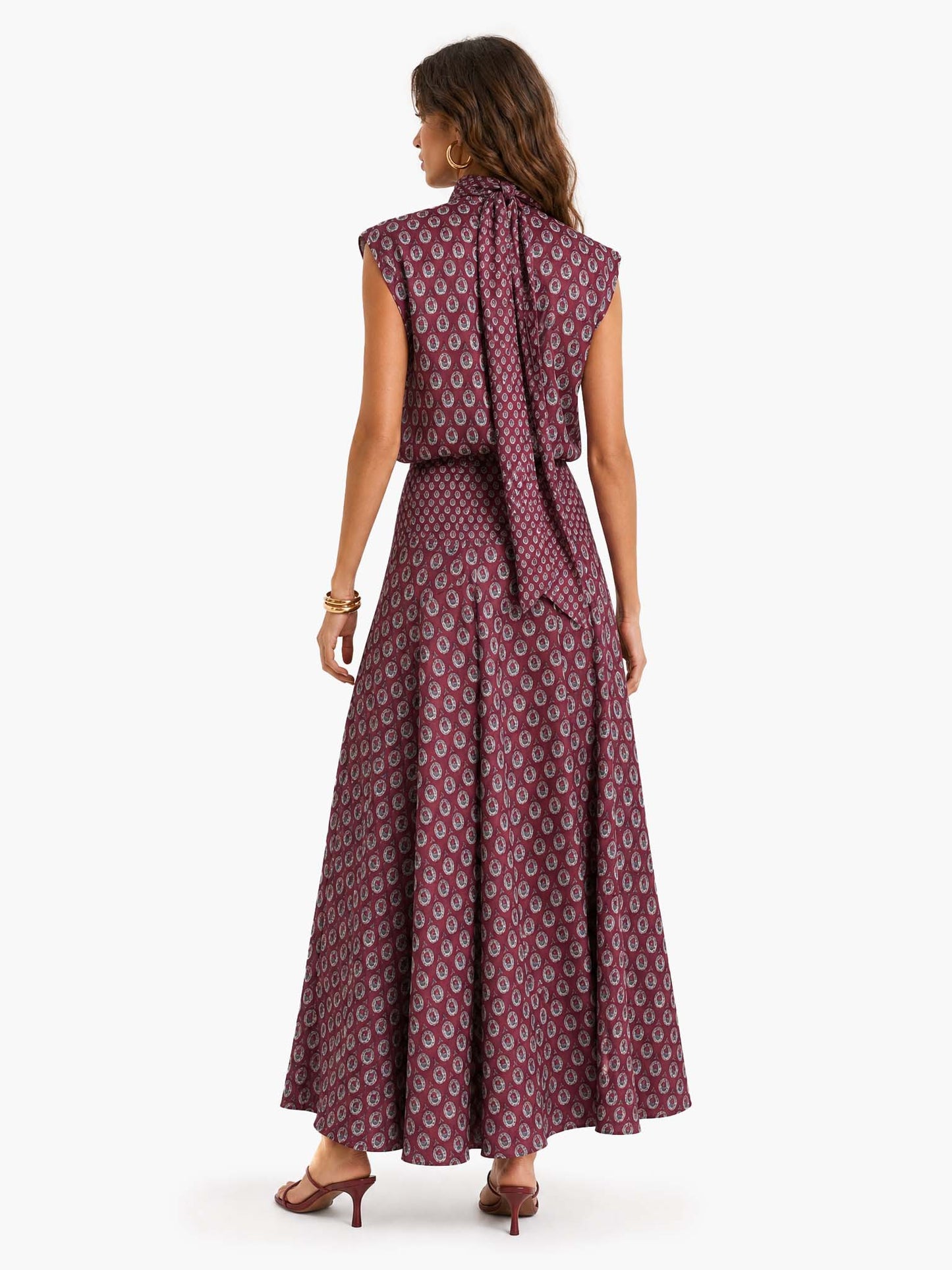 Elegant Purple Retro Print Maxi Dress for Women with Scarf Neck Cap Sleeve Flowing Boho Style