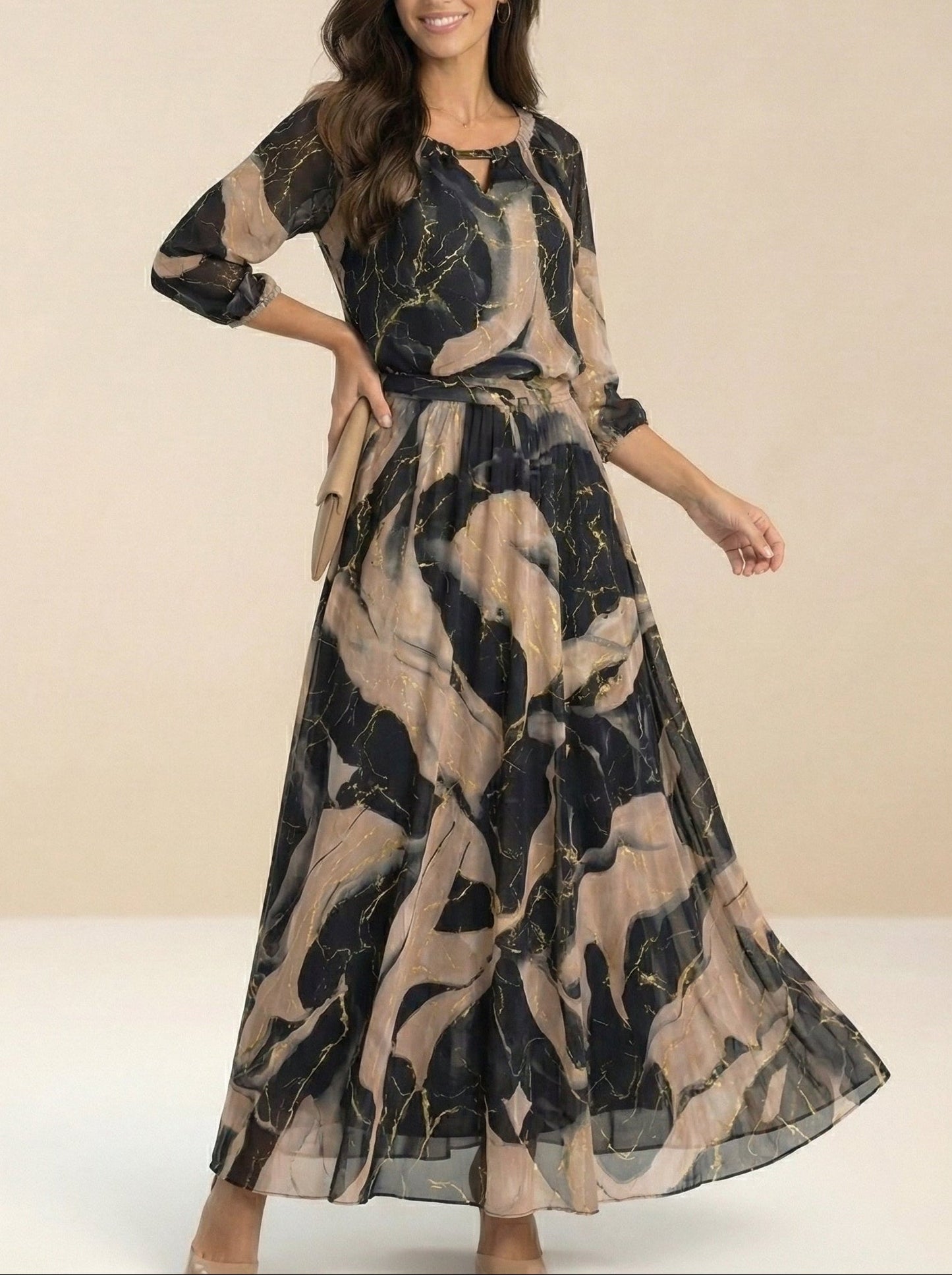 Elegant Black Marble Print Maxi Dress for Women with Split Neck Bell Sleeve Belted Autumn Wedding Guest Style