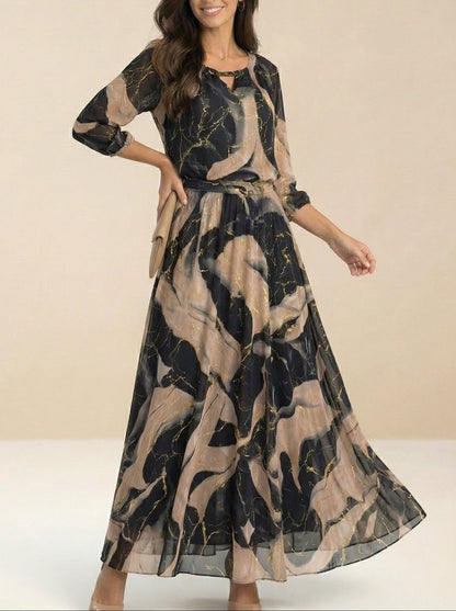 Elegant Black Marble Print Maxi Dress for Women with Split Neck Bell Sleeve Belted Autumn Wedding Guest Style