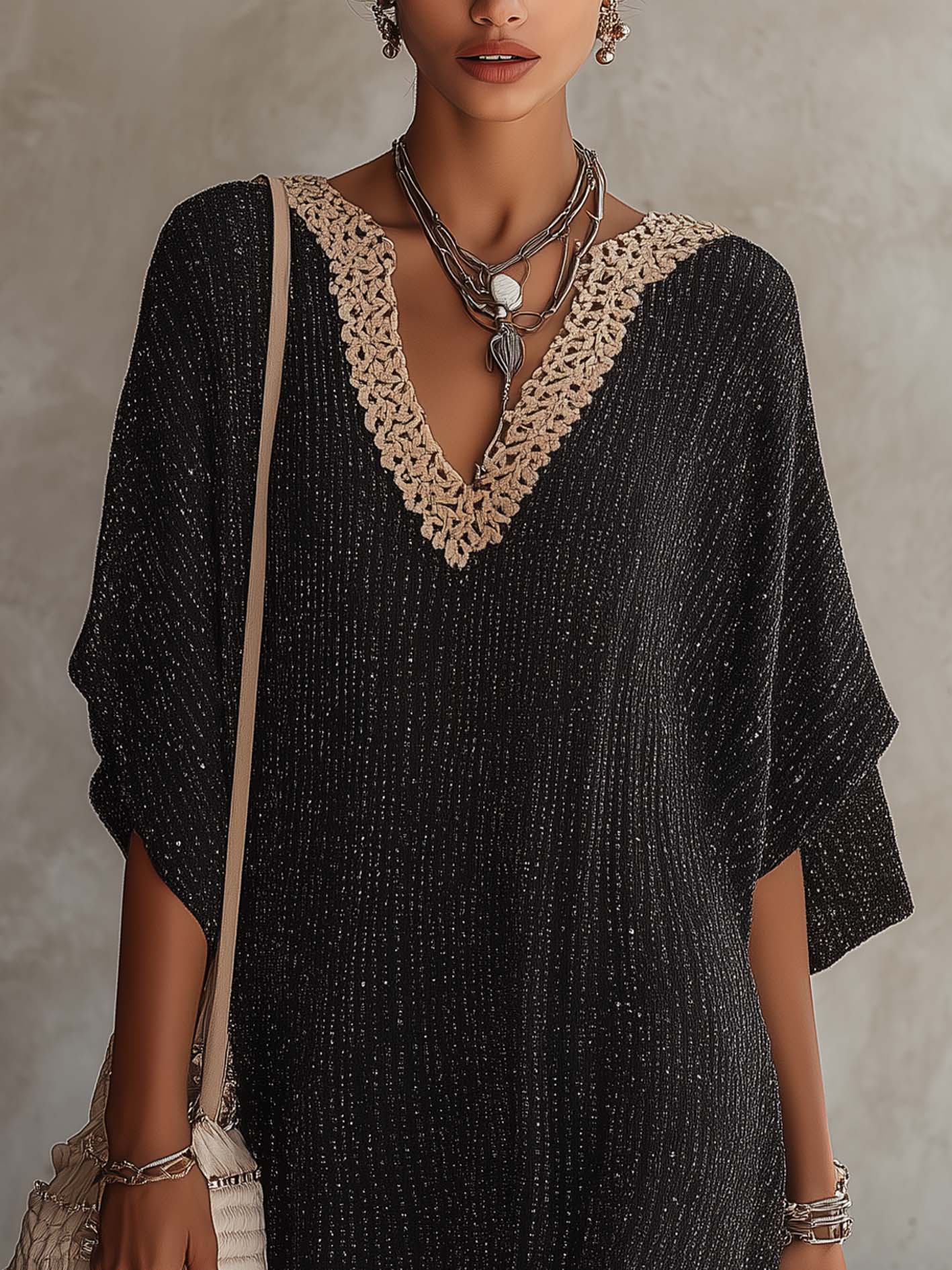 Elegant Black Crochet Trim Kaftan Cocktail Dress for Women with V Neck Batwing Sleeve Boho Style