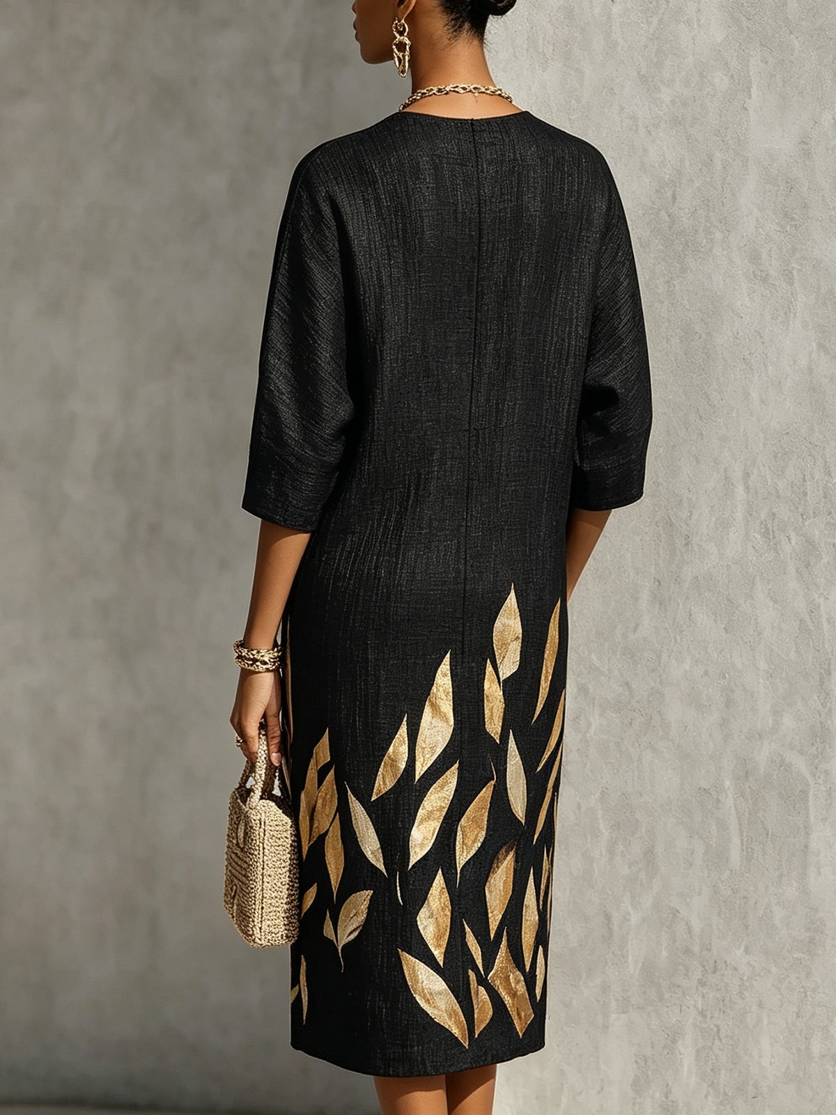Effortless Black Printed Midi Dress for Women with Round Neck Elbow Sleeve Relaxed Fit