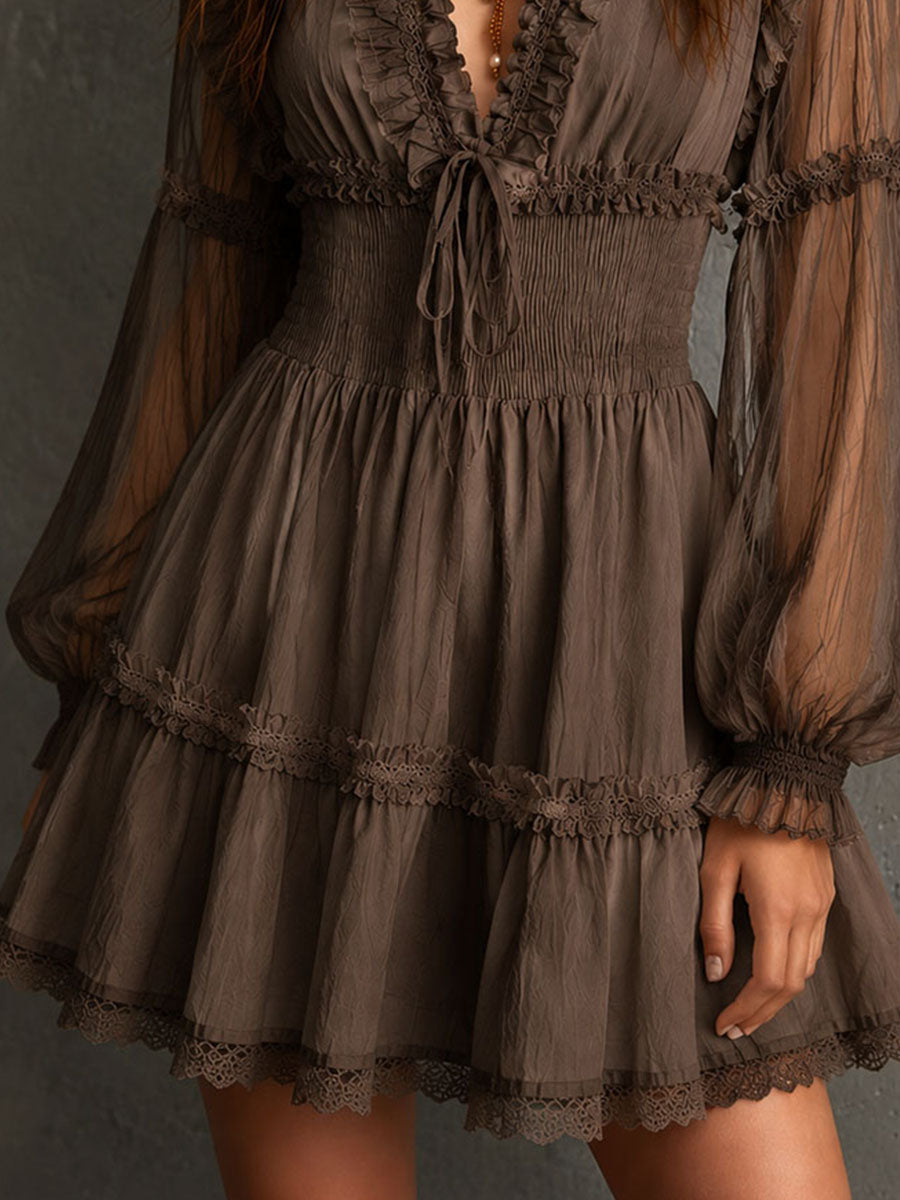 Elegant Brown Boho Mini Dress for Women with Lace Trim Smocked Waist