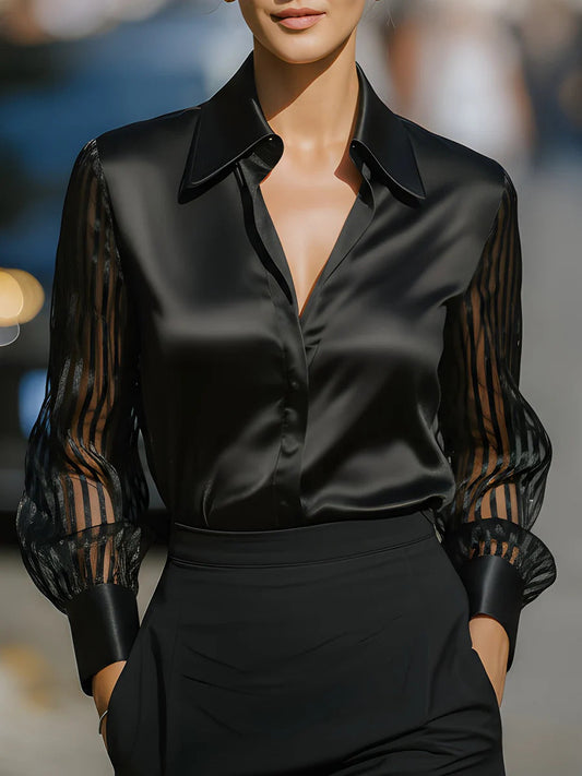 Elegant Satin Blouse for Women with Collared Button Up Sheer Stripe Sleeve Business Casual Style