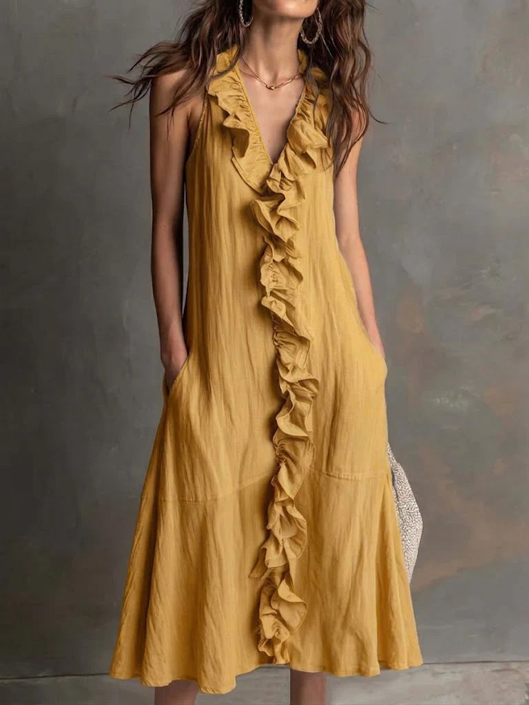 Effortless Ruffle Trim Maxi Dress for Women with V-Neck Sleeveless Flowing Style