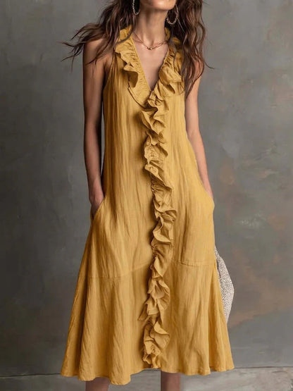 Effortless Ruffle Trim Maxi Dress for Women with V-Neck Sleeveless Flowing Style