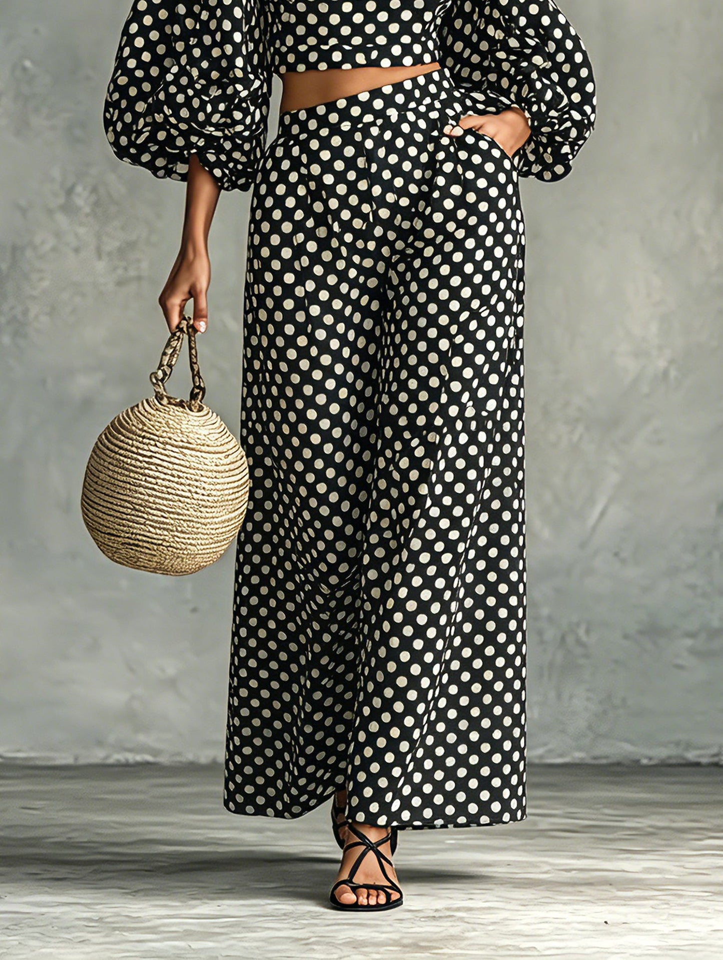 Effortless Two Piece Set for Women with Puff Sleeve Crop Top Wide Leg Palazzo Pants Polka Dot Style