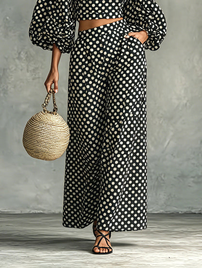 Effortless Two Piece Set for Women with Puff Sleeve Crop Top Wide Leg Palazzo Pants Polka Dot Style