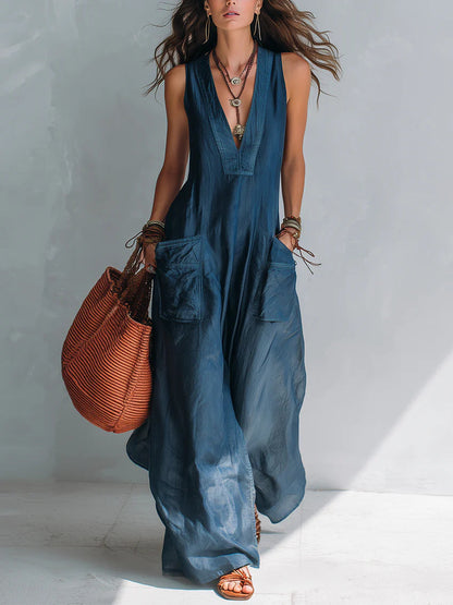 Effortless Overall Jumpsuit for Women with V Neck Wide Leg Adjustable Strap Pocket Relaxed Style