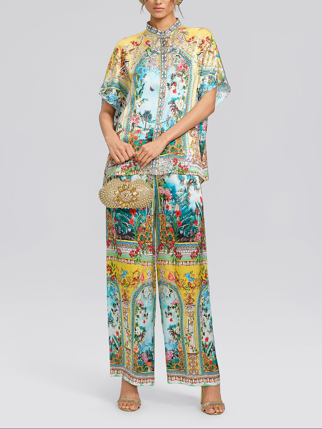 Elegant Yellow Scenic Floral Palazzo Pants Two Piece Set for Women with Short Sleeve Kimono Shirt Wide Leg Flowing Style