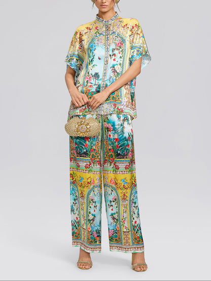 Elegant Yellow Scenic Floral Palazzo Pants Two Piece Set for Women with Short Sleeve Kimono Shirt Wide Leg Flowing Style