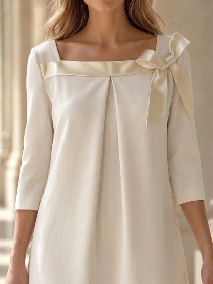 Elegant Off White Satin Bow Cocktail Dress for Women with Square Neck Elbow Sleeve Pleated A Line Style