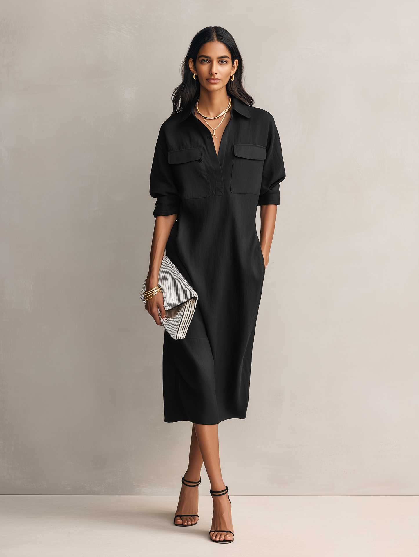 Effortless Black Shirt Dress for Women with Collar V Neck Chest Pockets Elbow Sleeve Linen Casual Midi Style