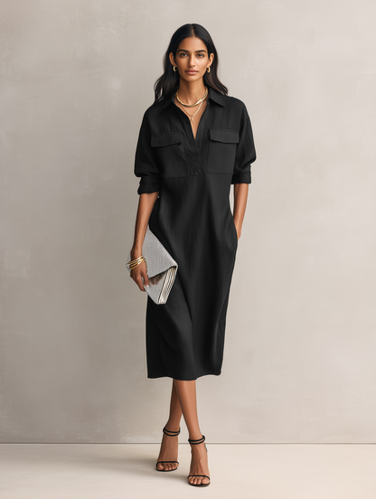 Effortless Black Shirt Dress for Women with Collar V Neck Chest Pockets Elbow Sleeve Linen Casual Midi Style