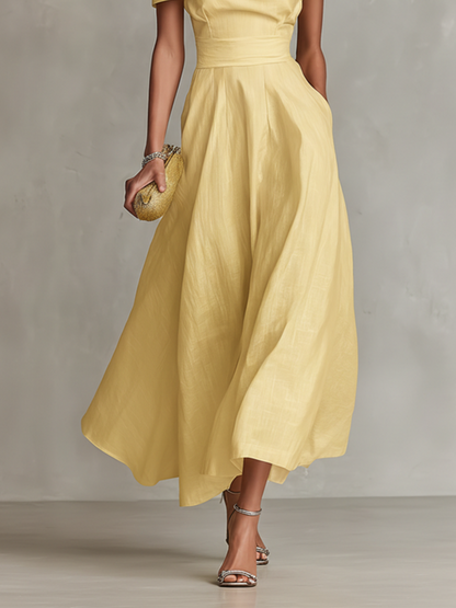 Elegant Yellow Linen Midi Dress for Women with One Shoulder Neckline Fitted Waist Formal Wedding Guest Style