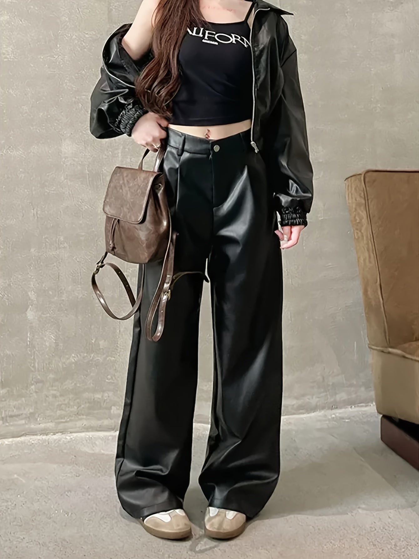 Sleek Black Leather Slacks for Women with High Waist Wide Leg Pleated Relaxed Style