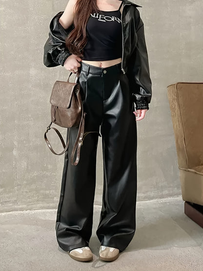 Sleek Black Leather Slacks for Women with High Waist Wide Leg Pleated Relaxed Style
