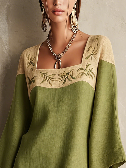 Effortless Green Mini Dress for Women with Square Neck Embroidered Bell Sleeve