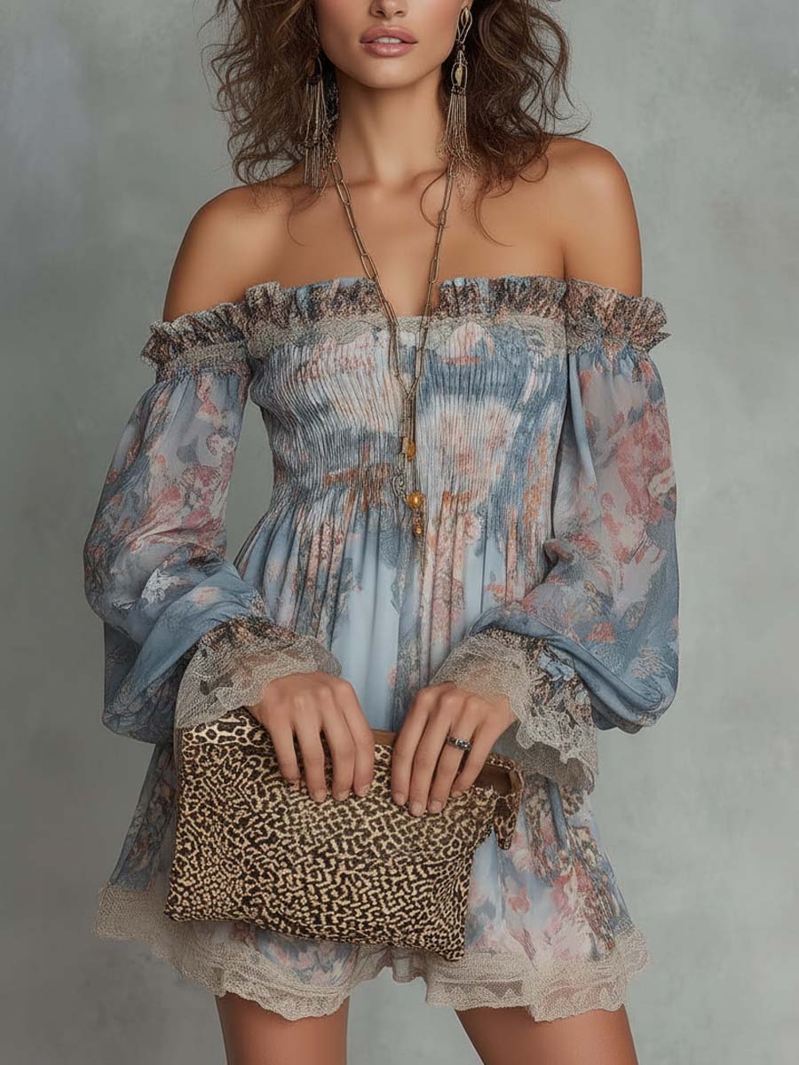 Effortless Blue Floral Mini Dress for Women with Off Shoulder Balloon Sleeve Lace Trim