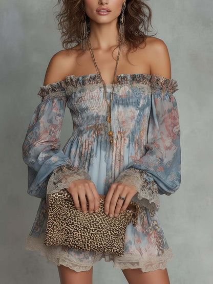 Effortless Blue Floral Mini Dress for Women with Off Shoulder Balloon Sleeve Lace Trim