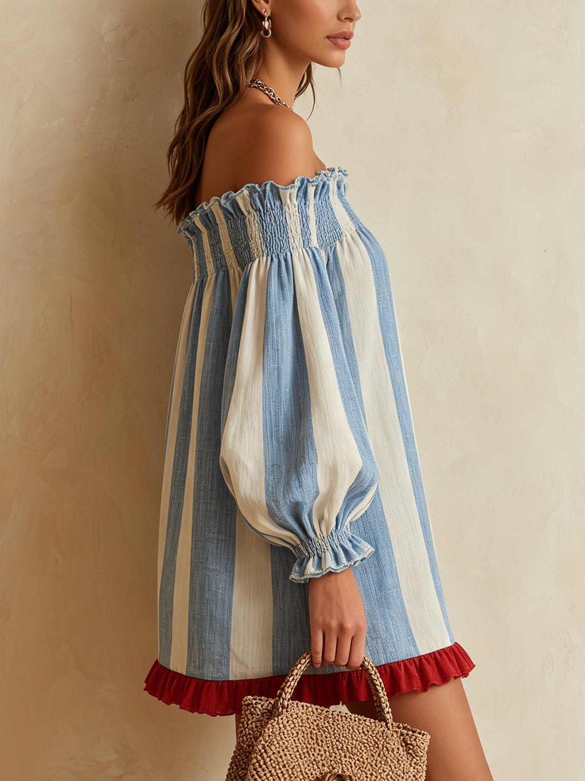 Effortless Blue Striped Off Shoulder Mini Dress for Women with Puff Sleeve Ruffle Hem