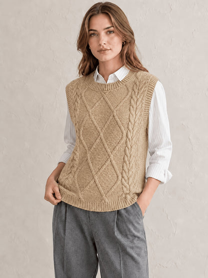 Cozy Cable Knit Sweater Vest for Women with Round Neck Sleeveless Diamond Relaxed Style