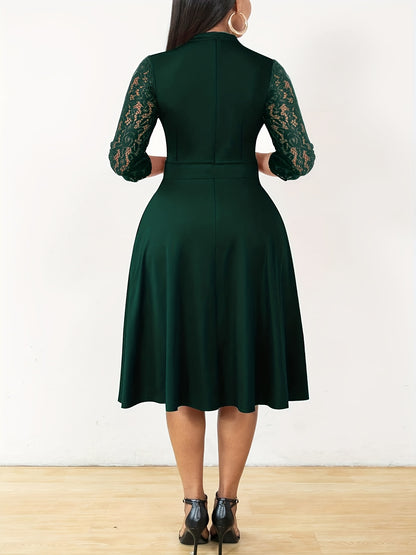 Elegant Lace Christmas Party Dress for Women with Notched Neck Three Quarter Sleeve Fit Flare Cocktail Style