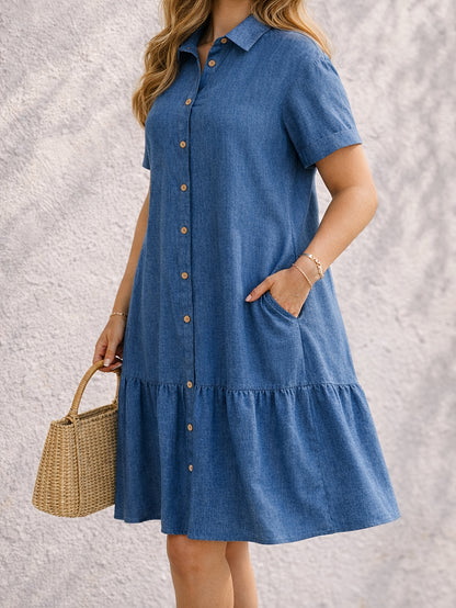 Effortless Blue Denim Dress for Women with Collar Short Sleeve Button Front Tiered Casual Style
