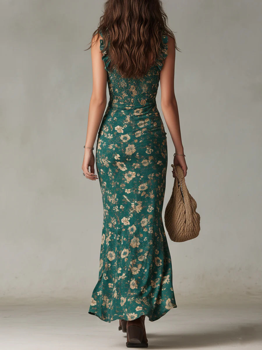 Effortless Green Maxi Dress for Women in Boho Floral Sundress Style