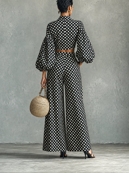 Effortless Two Piece Set for Women with Puff Sleeve Crop Top Wide Leg Palazzo Pants Polka Dot Style