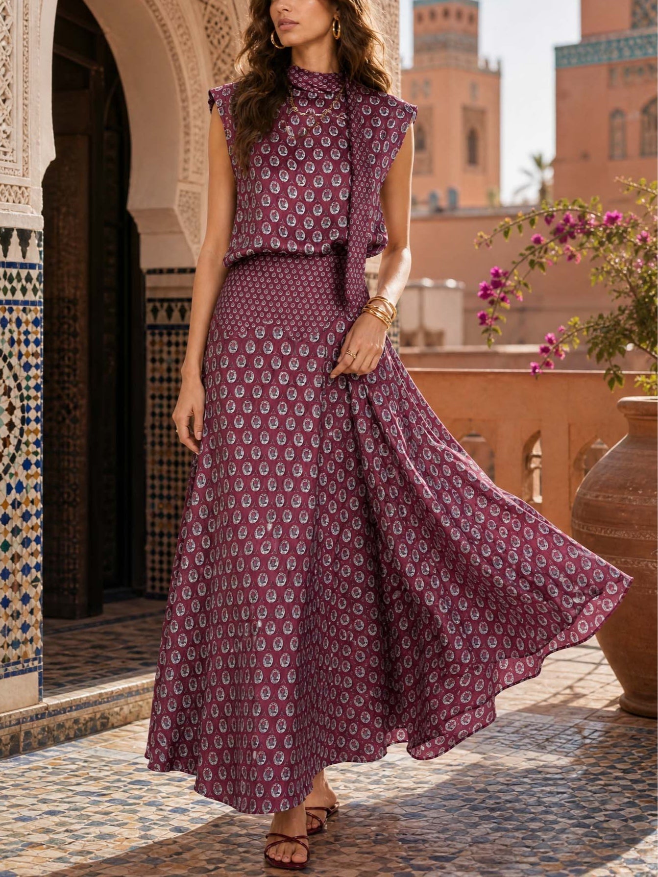 Elegant Purple Retro Print Maxi Dress for Women with Scarf Neck Cap Sleeve Flowing Boho Style