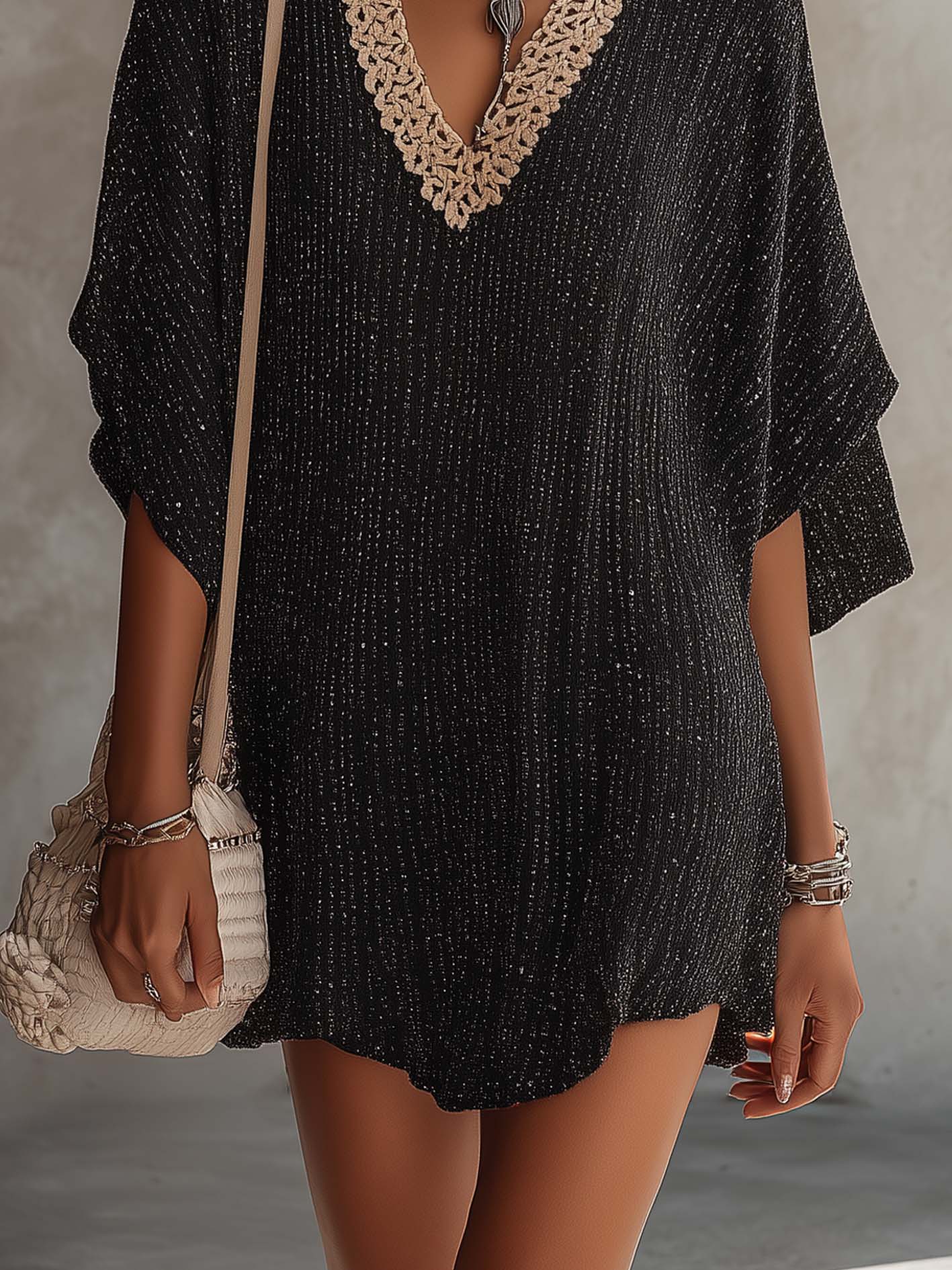 Elegant Black Crochet Trim Kaftan Cocktail Dress for Women with V Neck Batwing Sleeve Boho Style