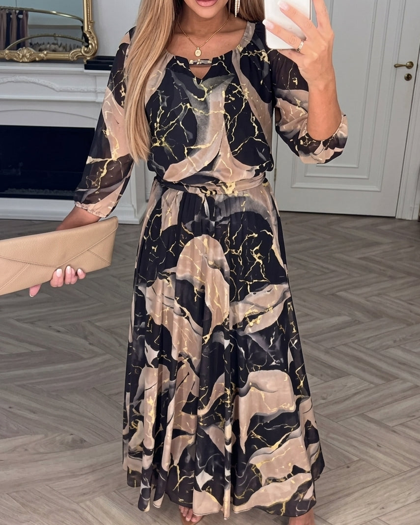 Elegant Black Marble Print Maxi Dress for Women with Split Neck Bell Sleeve Belted Autumn Wedding Guest Style