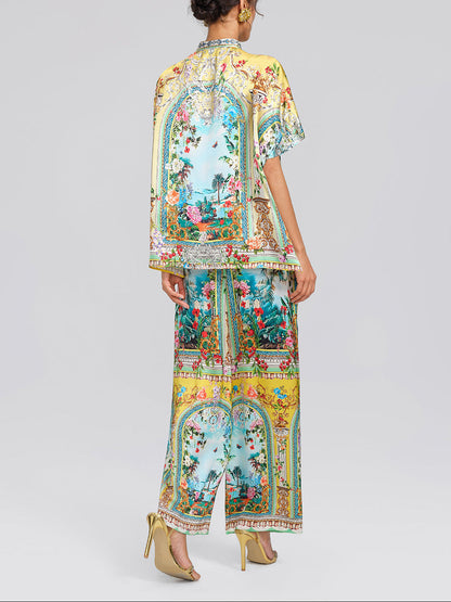 Elegant Yellow Scenic Floral Palazzo Pants Two Piece Set for Women with Short Sleeve Kimono Shirt Wide Leg Flowing Style