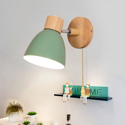 Macaron Wall Lamp Wood Metal Adjustable Shade Pull-Chain Nordic Bedside Sconce Wall Light
