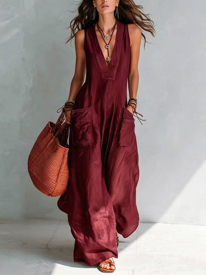 Effortless Overall Jumpsuit for Women with V Neck Wide Leg Adjustable Strap Pocket Relaxed Style