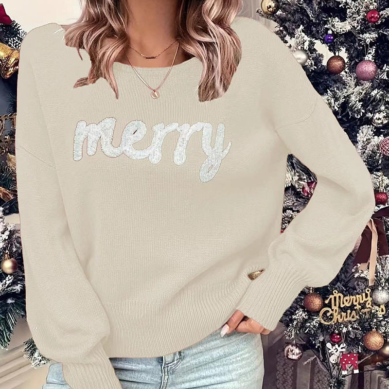 Comfortable Merry Print Sweater for Women with Crew Neck Long Sleeve Ribbed Cuff Oversized Knit Style