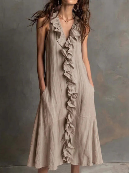 Effortless Ruffle Trim Maxi Dress for Women with V-Neck Sleeveless Flowing Style