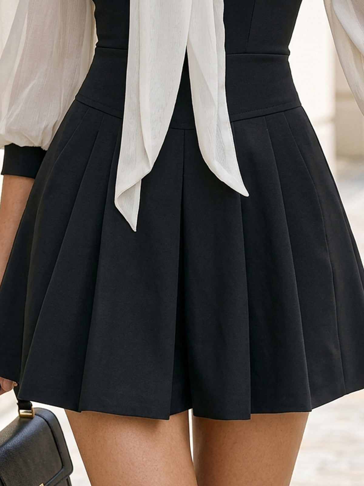 Elegant Black Cocktail Dress for Women with Tie Neck Bishop Sleeve Fit and Flare Pleated Party Style