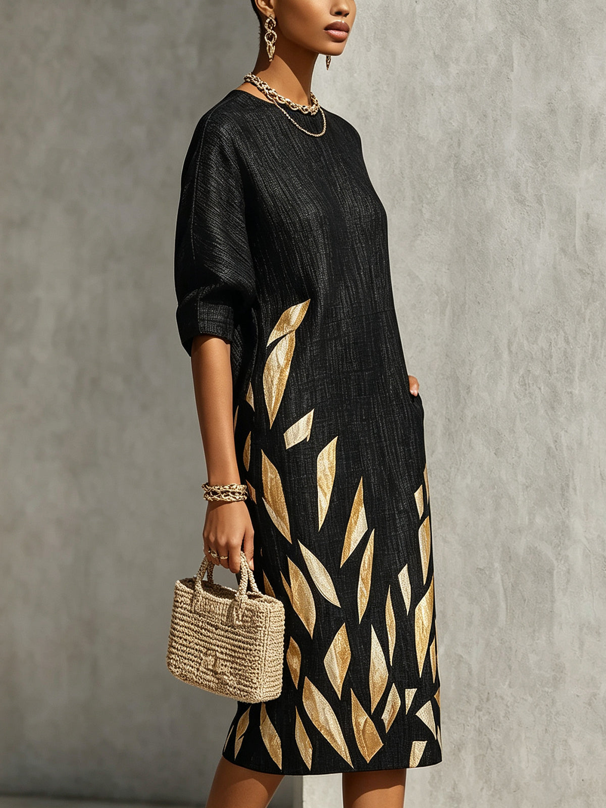 Effortless Black Printed Midi Dress for Women with Round Neck Elbow Sleeve Relaxed Fit