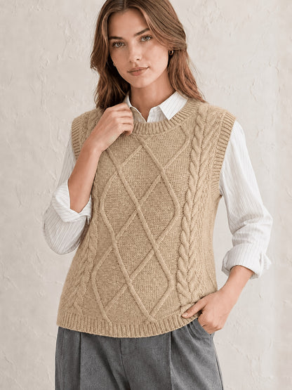 Cozy Cable Knit Sweater Vest for Women with Round Neck Sleeveless Diamond Relaxed Style