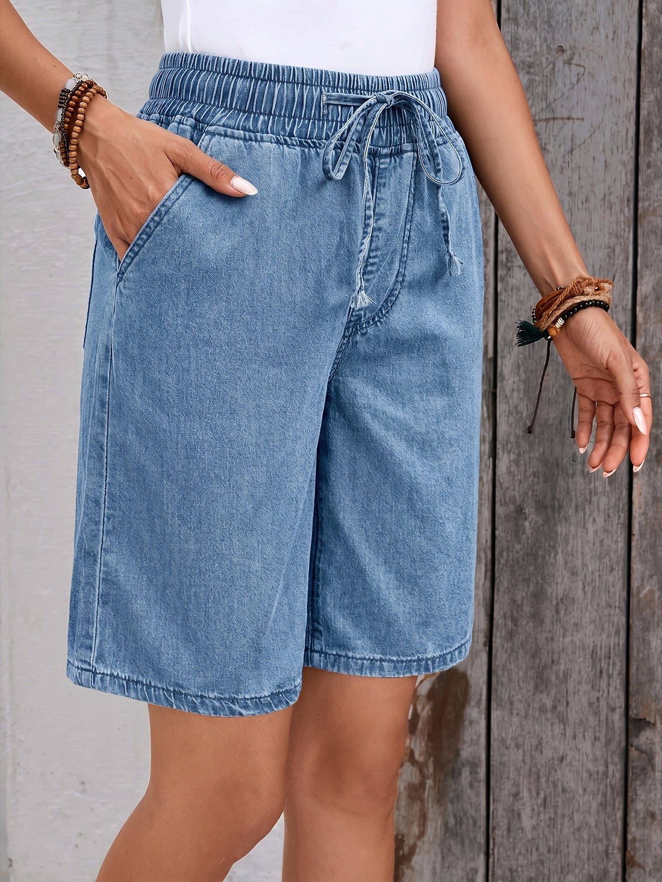 Effortless Light Blue Denim Bermuda Jean Shorts for Women with Elastic Drawstring Waist Wide Leg