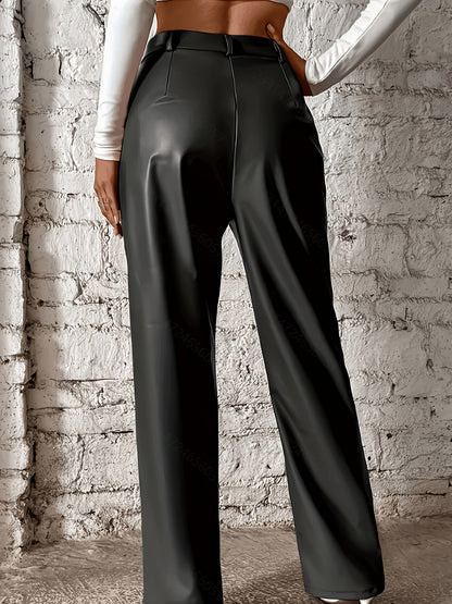 Elegant Black Faux Leather Pants for Women with High Waist Wide Leg Pintuck Tailored Style