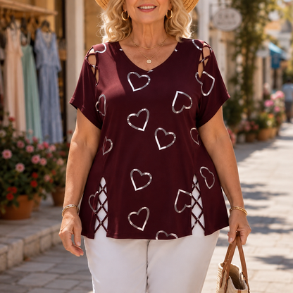 Effortless Heart Print Tunic Top for Women with V Neck Short Sleeve Cutout Shoulder Casual Style