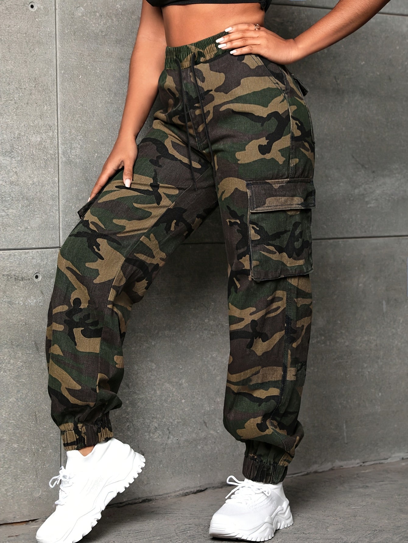 Effortless Camo Cargo Pants for Women with Elastic Cuff Utility Pockets Relaxed Fit