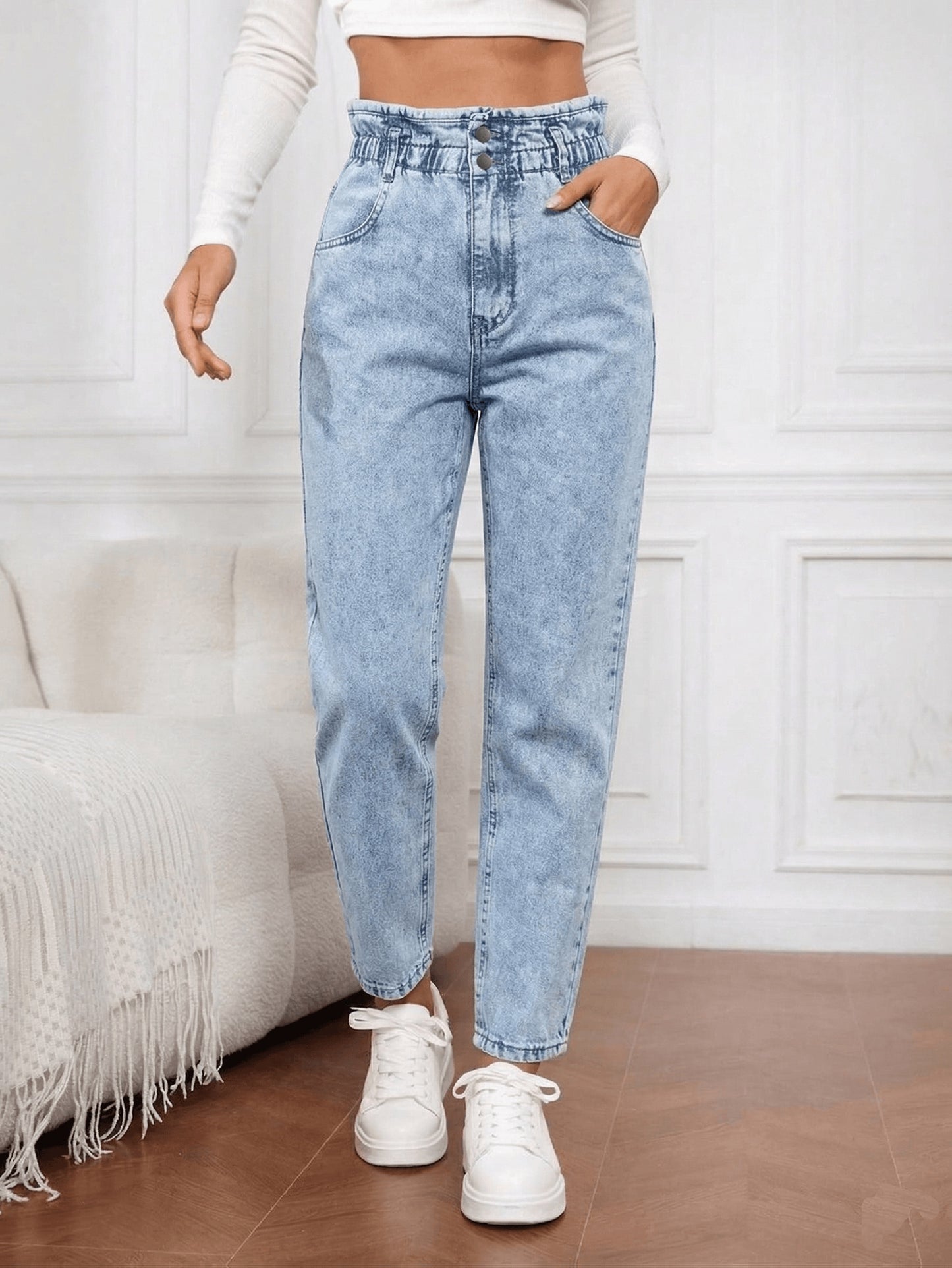 Effortless Blue Acid Wash Mom Jeans for Women with Paperbag Waist Button Front Tapered Relaxed Style