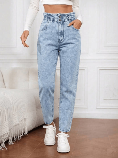 Effortless Blue Acid Wash Mom Jeans for Women with Paperbag Waist Button Front Tapered Relaxed Style