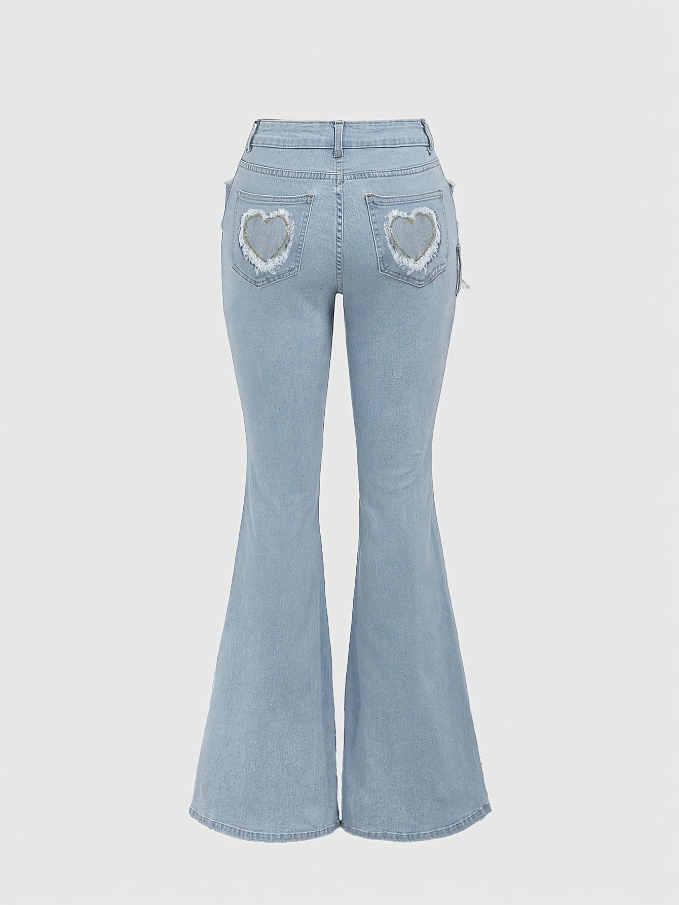 Elegant Light Blue Denim Flare Jeans for Women with Heart Buckle Frayed Belt Western Style