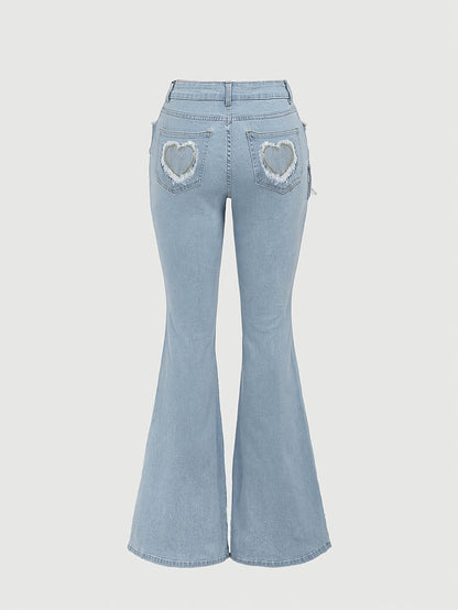 Elegant Light Blue Denim Flare Jeans for Women with Heart Buckle Frayed Belt Western Style